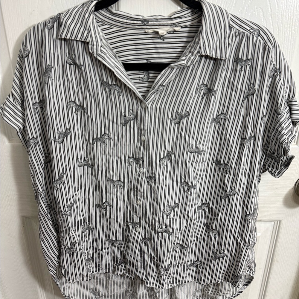 Jane and Delancey Black and White Striped Button-Up Top with Zebra Print